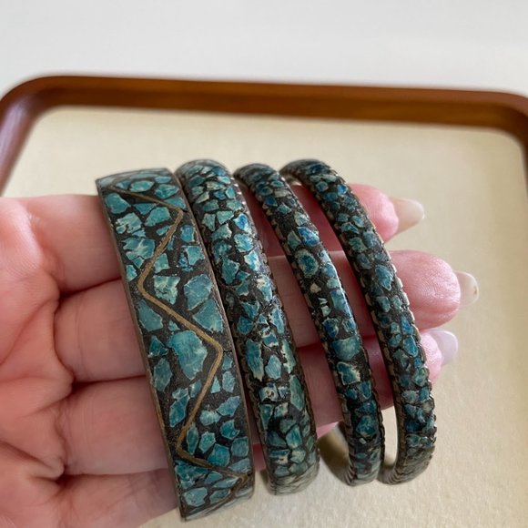 Mid Century Turquoise Bangle Bracelets - Picture 2 of 4